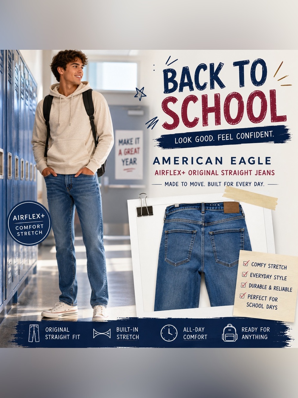 American Eagle AirFlex+ Original Straight Jeans 28x30 Medium Wash Stretch Denim